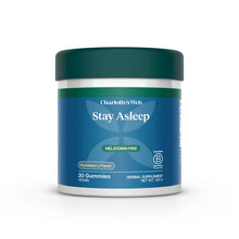 Charlotte's Web Stay Asleep gummies in huckleberry flavor, 30 count bottle with teal lid and blue label.