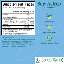 Charlotte's Web Stay Asleep Gummies supplement facts and ingredients label on blue background with product icons.
