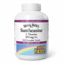White bottle of Stress-Relax Suntheanine L-Theanine 200mg chewable tablets by Natural Factors, 120 count.