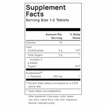 Supplement Facts label showing serving size 1-2 tablets with 200 mg Suntheanine L-Theanine per serving and nutritional inform