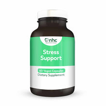 Stress Support dietary supplement bottle with dark glass container, white cap, and green label indicating 60 vegan capsules.