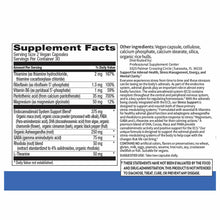 Supplement Facts label for Stress Support vegan capsules showing ingredients including thiamine, riboflavin, magnesium, ashwa