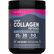 NeoCell Super Collagen Peptides unflavored powder in dark container with pink and blue label.