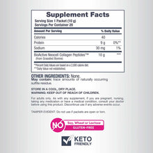Supplement Facts label for NeoCell collagen peptides powder showing 10g serving per packet with 9g protein and ingredient inf