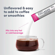 NeoCell grassfed collagen peptides stick pack being poured into a cup of coffee.