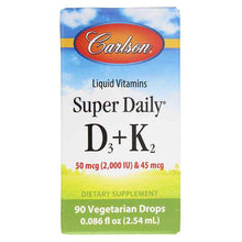 Super Daily D3 + K2 Liquid (2,000 IU/45 Mcg), 90 Veg Drops, by Carlson Labs
