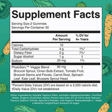 Supplement Facts label for Super Greens Gummies showing serving size, nutritional values, and PhytoServ Veggie Blend ingredie