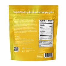 Yellow Blume SuperBelly Hydration Powder packet with white text, nutrition facts label, and preparation instructions visible