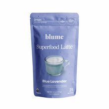 Blume Superfood Latte powder in Blue Lavender flavor, 3.5 oz pouch with 25 servings, 1g sugar, caffeine-free.