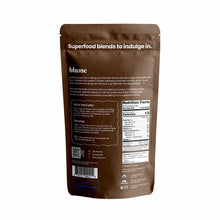 Brown pouch of Blume Superfood Latte Powder with preparation instructions, nutrition facts, and brand information on back.