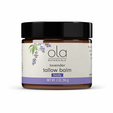 Amber glass jar with black lid containing lavender tallow balm by Ola Botanicals, 2 oz size, with lavender illustration on la