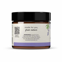 Dark glass jar with black lid containing amber-colored balm, labeled with lavender botanical design and ingredient list.