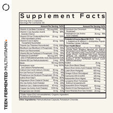 Supplement Facts label for Teen Fermented Multivitamin showing serving size, vitamins, minerals, and ingredient amounts per s