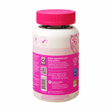 White and pink plastic bottle with bright pink screw-on cap containing vitamin gummies, labeled for teen girls.