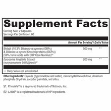 Supplement Facts label showing serving size of 2 capsules, 60 servings per container, with Shilajit and Eurycoma longifolia e