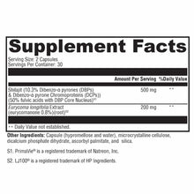 Supplement Facts label showing serving size of 2 capsules, 30 servings per container, with Shilajit and Eurycoma longifolia e