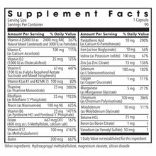 Supplement Facts label listing vitamins, minerals, and ingredients for a 90-capsule multivitamin with iron supplement.