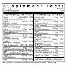 Supplement Facts label for multivitamin capsules showing 90 servings with vitamins, minerals, and nutritional information.