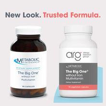 Two bottles of The Big One multivitamin without iron: dark amber glass bottle on left, white plastic bottle on right, each co