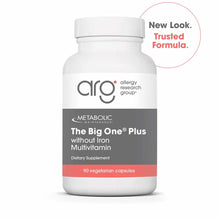 White bottle of Allergy Research Group The Big One Plus without Iron multivitamin containing 90 vegetarian capsules.