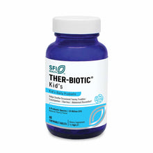 Blue bottle with white cap containing Ther-Biotic Kid's chewable probiotic tablets, 60 count.