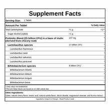 Supplement Facts label showing probiotic blend with 25 billion CFU per tablet, listing Lactobacillus and Bifidobacterium spec