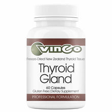 White bottle with brown label containing Vinco Thyroid Gland dietary supplement, 60 capsules, with white ribbed cap.