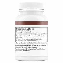 White bottle with brown label containing supplement facts for thyroid bovine freeze-dried capsules, 60 servings per container
