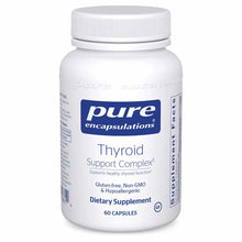 White supplement bottle with blue Pure Encapsulations label containing 60 capsules of Thyroid Support Complex.