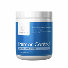 Simplesa Tremor Control dietary supplement container, 12.7 oz, with white screw-top lid and blue label.