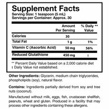 Supplement Facts label showing 450 mg reduced glutathione, 50 mg vitamin C, 1 g total fat, and 30 calories per 1 teaspoon ser