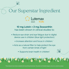 Light blue background with text describing Lutemax Kids ingredient benefits, including lutein and zeaxanthin information, wit