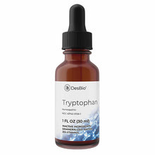 DesBio Tryptophan homeopathic liquid supplement in amber glass bottle with dropper top, 1 fl oz size.
