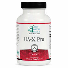 White bottle with black cap labeled UA-X Pro by Ortho Molecular Products, 90 capsules dietary supplement for cardiovascular h