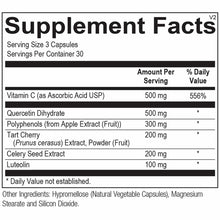 Supplement Facts label showing serving size of 3 capsules, 30 servings per container, with ingredients including Vitamin C, Q
