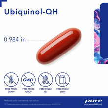 Red oval softgel capsule labeled Ubiquinol-QH with size measurement and allergen-free certification icons below.