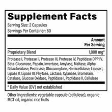 Supplement Facts label showing 120 capsules with proprietary enzyme blend and ingredients including protease, amylase, lipase