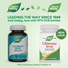 Two Nature's Way Ultimate Iron supplement bottles with 90 softgels each, showing old dark brown packaging and new white packa