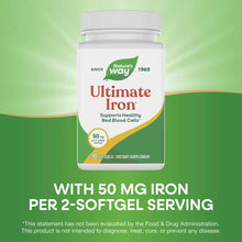 White bottle of Nature's Way Ultimate Iron dietary supplement with green leaf logo, containing 90 softgels.