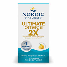 Nordic Naturals Ultimate Omega 2X fish oil supplement bottle with lemon flavor, 120 soft gels.