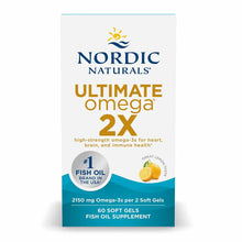 Nordic Naturals Ultimate Omega 2X bottle with lemon flavor, 60 soft gels fish oil supplement.