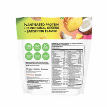 White pouch of Ultimate Shake Plus Greens with yellow and pink gradient banner showing pineapple and coconut, nutrition facts