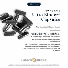 Black capsules arranged on white background with usage instructions and Quicksilver Scientific branding.