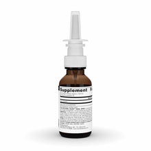Brown glass bottle with white spray nozzle and cap labeled "Supplement Facts" for nasal spray application.