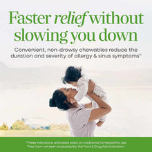 Marketing advertisement showing text about allergy relief chewables with photo of adult holding child outdoors.