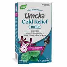 Umcka Cold Relief Drops box by Nature's Way with dropper, 1 FL OZ bottle, showing purple flowers and green leaf.