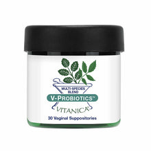 White jar with black lid containing V-Probiotics multi-species blend vaginal suppositories by Vitanica, with green leaf desig