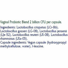 Vitanica V-Probiotics product information displaying vaginal probiotic blend with 2 billion CFU per capsule and ingredient li