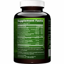 Black bottle with white cap and green supplement facts label listing ingredients and nutritional information.