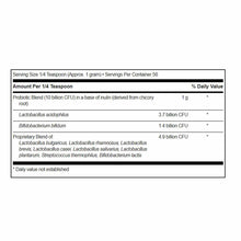 Nutrition facts label for probiotic powder showing serving size, CFU counts, and ingredient breakdown including Lactobacillus